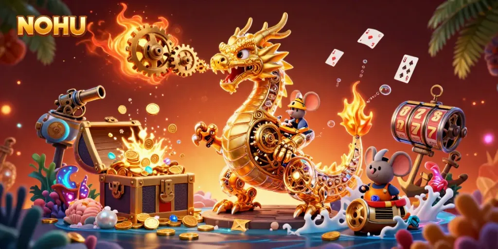 Experience exhilarating winnings at NOHU with a golden dragon overseeing slots and treasure.