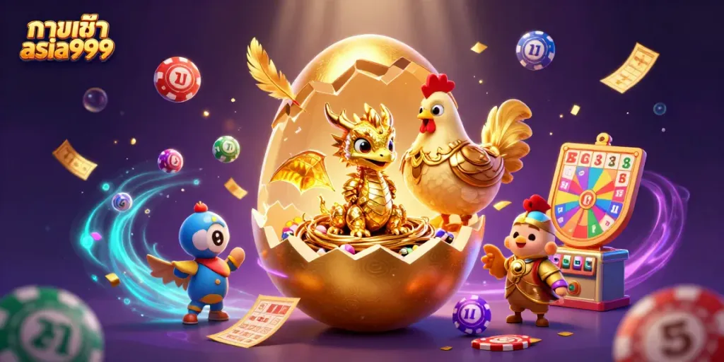วาดภาพ 3D สวยงามของไข่ทองคำขนาดใหญ่แตกออกมา เปิดเผยมังกรทองที่นั่งอยู่บนชิปโป๊กเกอร์ ทางเข้า asia999