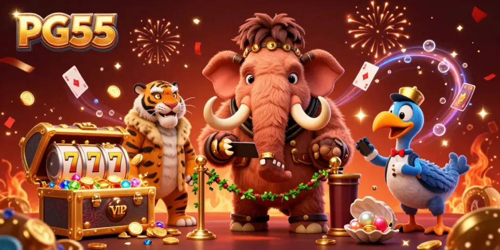Experience excitement with PG55 as a woolly mammoth bouncer greets a saber-tooth tiger VIP at an ornate casino entrance.