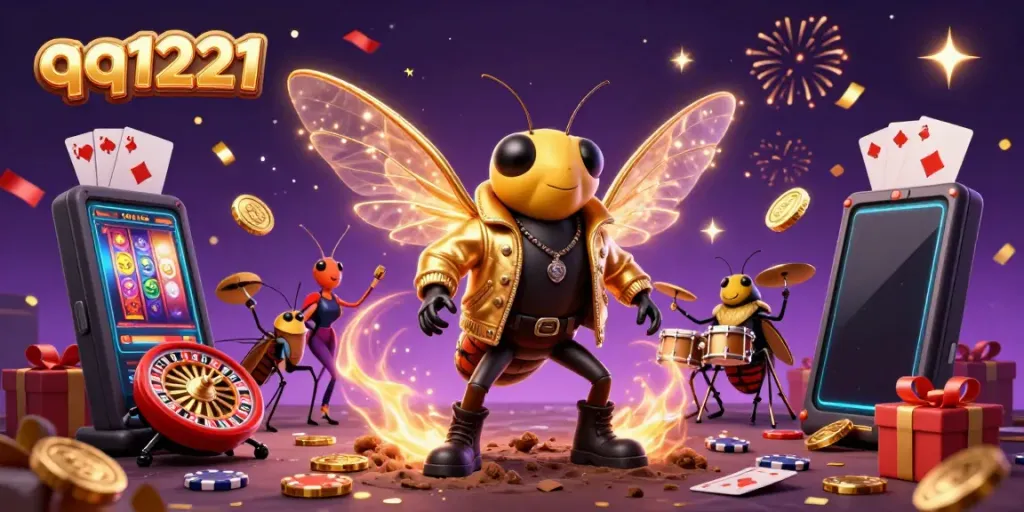 Experience exciting wins at qq1221 with a thrilling casino rock scene featuring a cicada star and vibrant game elements.