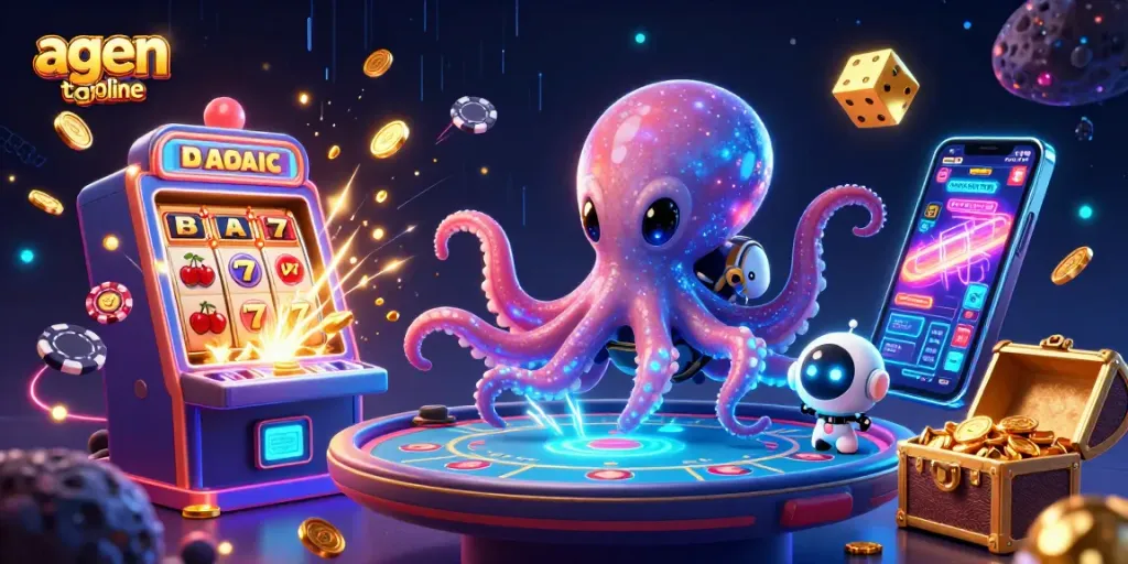 Engage in agen togel online with an alien octopus and robot at a colorful holographic poker table amidst gaming chaos.