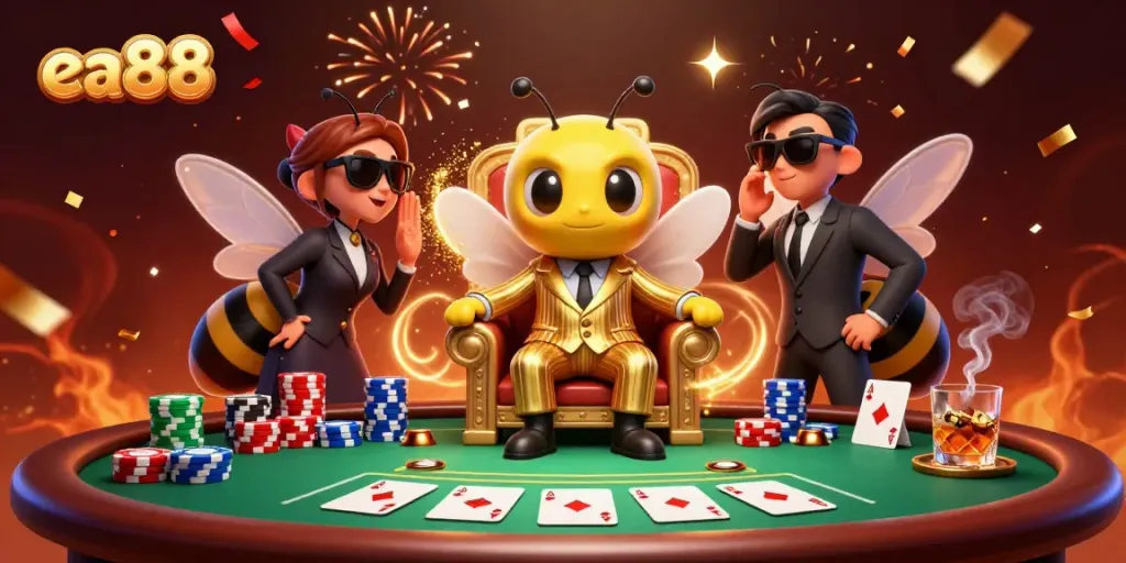 Hình ảnh bumblebee mob boss và các nhân vật đối diện trên bàn poker trong không gian độc đáo, ea88.
