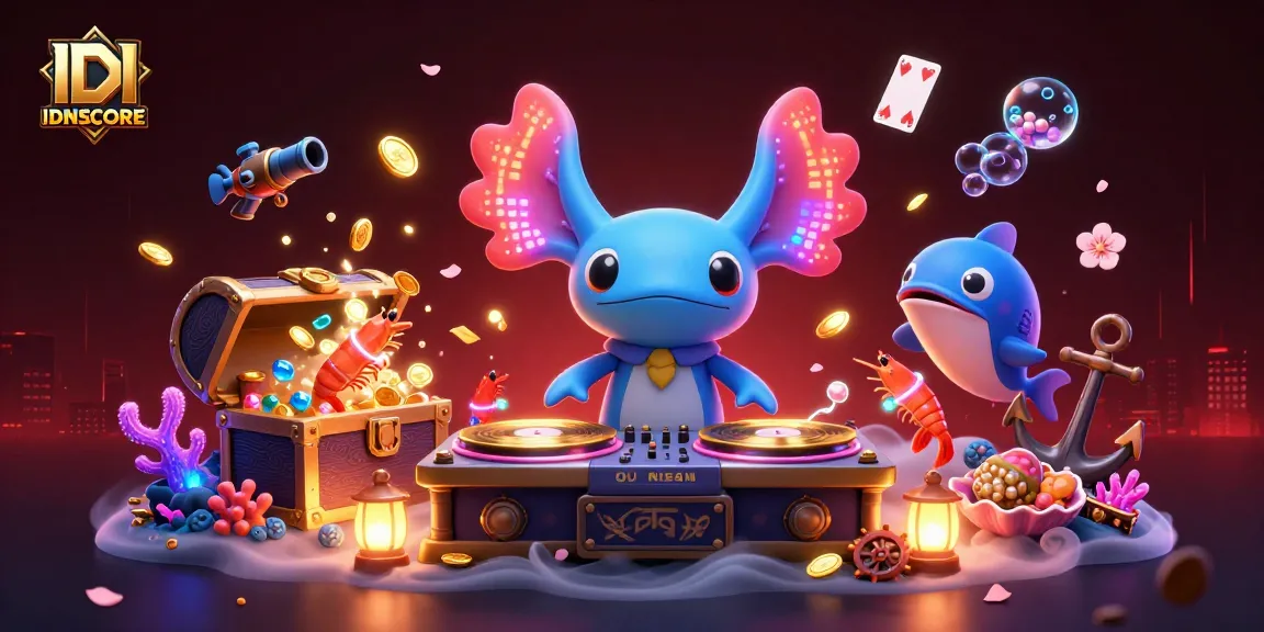Engage with IDNSCORE in a vibrant underwater scene featuring a colorful axolotl DJ and friends.