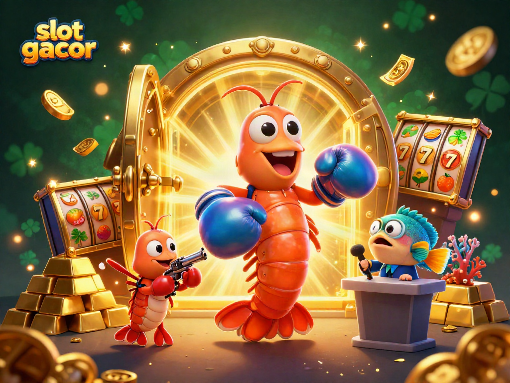 Engage in thrilling slot gacor adventures surrounded by animated shrimp characters and sparkling treasures.