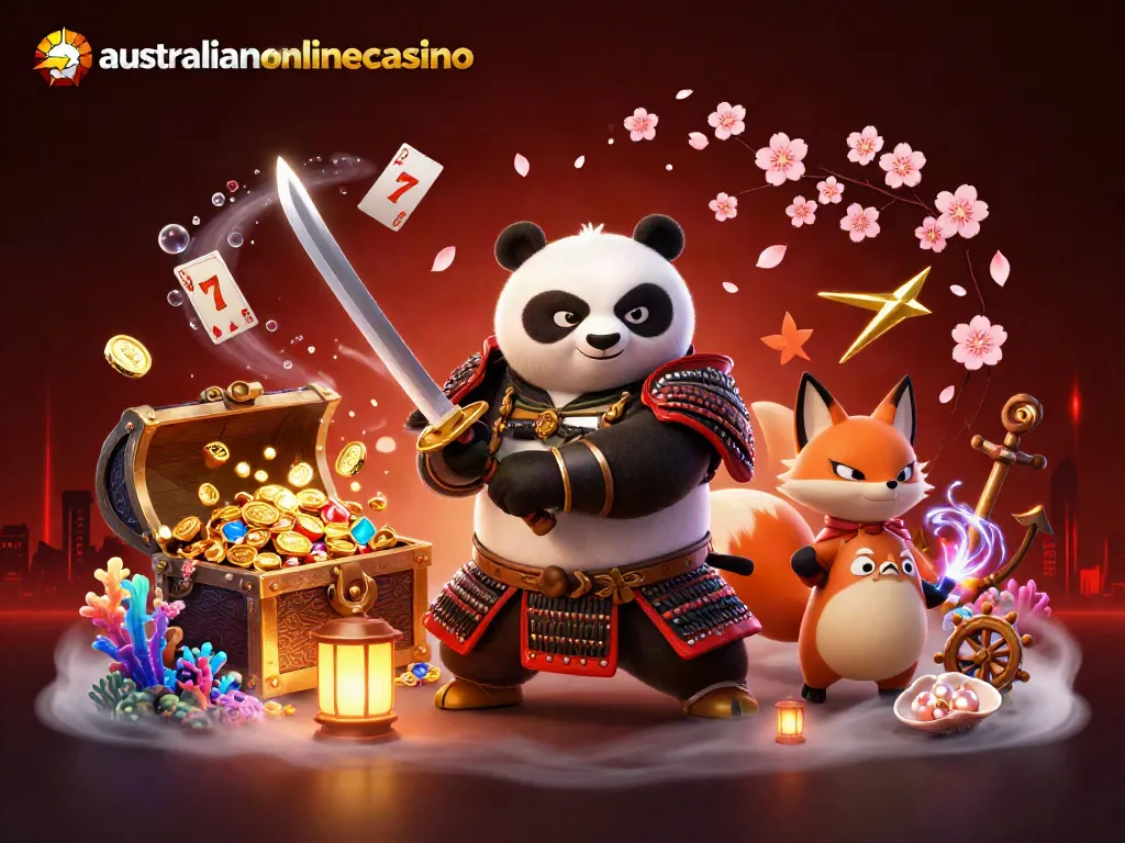 Experience the excitement of australianonlinecasino with a vibrant 3D scene of gaming characters amidst dynamic casino elements.