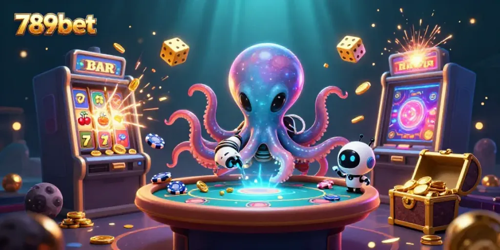 Play exciting casino games with 789bet, featuring a vibrant 3D octopus and robot at a holographic poker table.