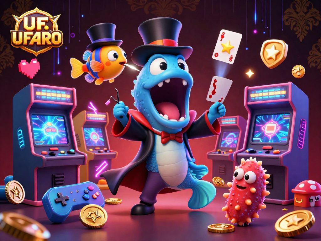 Experience thrilling card tricks with UFABRO's magical deep-sea casino characters amid vibrant gaming elements.