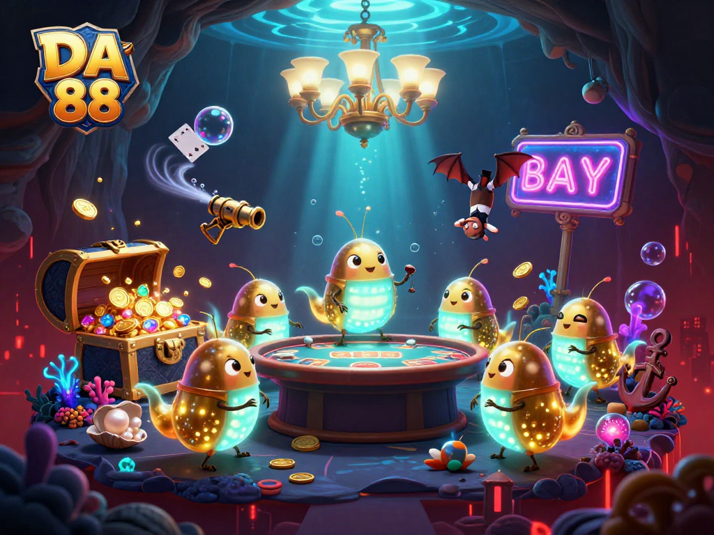 DA 88 casino scene with glowworms lighting up a vibrant underwater gaming table.