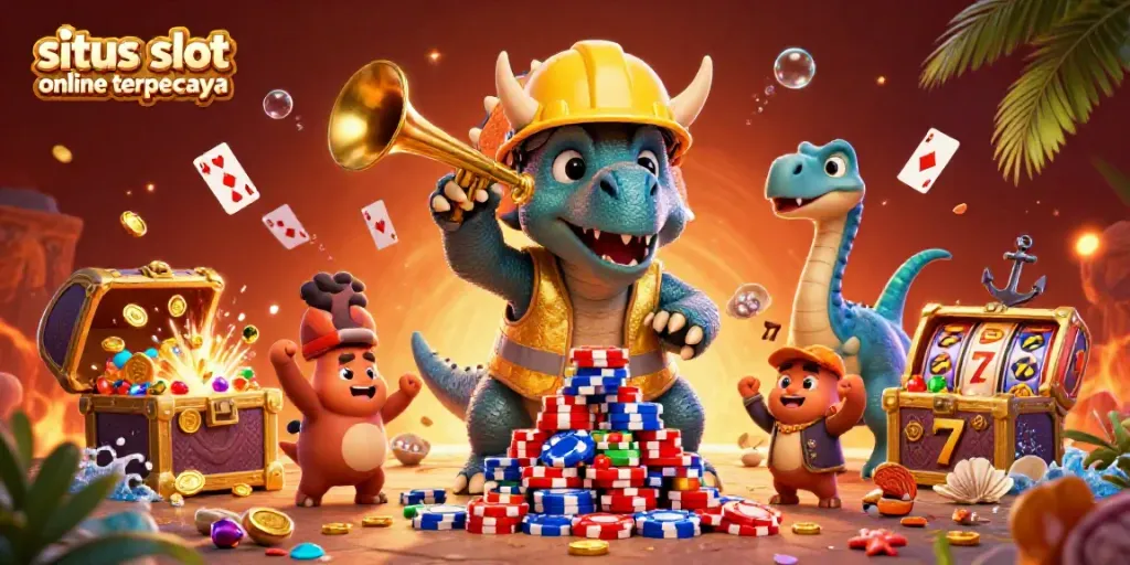 Gambarkan keseruan "situs slot online terpercaya" dengan triceratops dan parasaurolophus di kasino virtual.