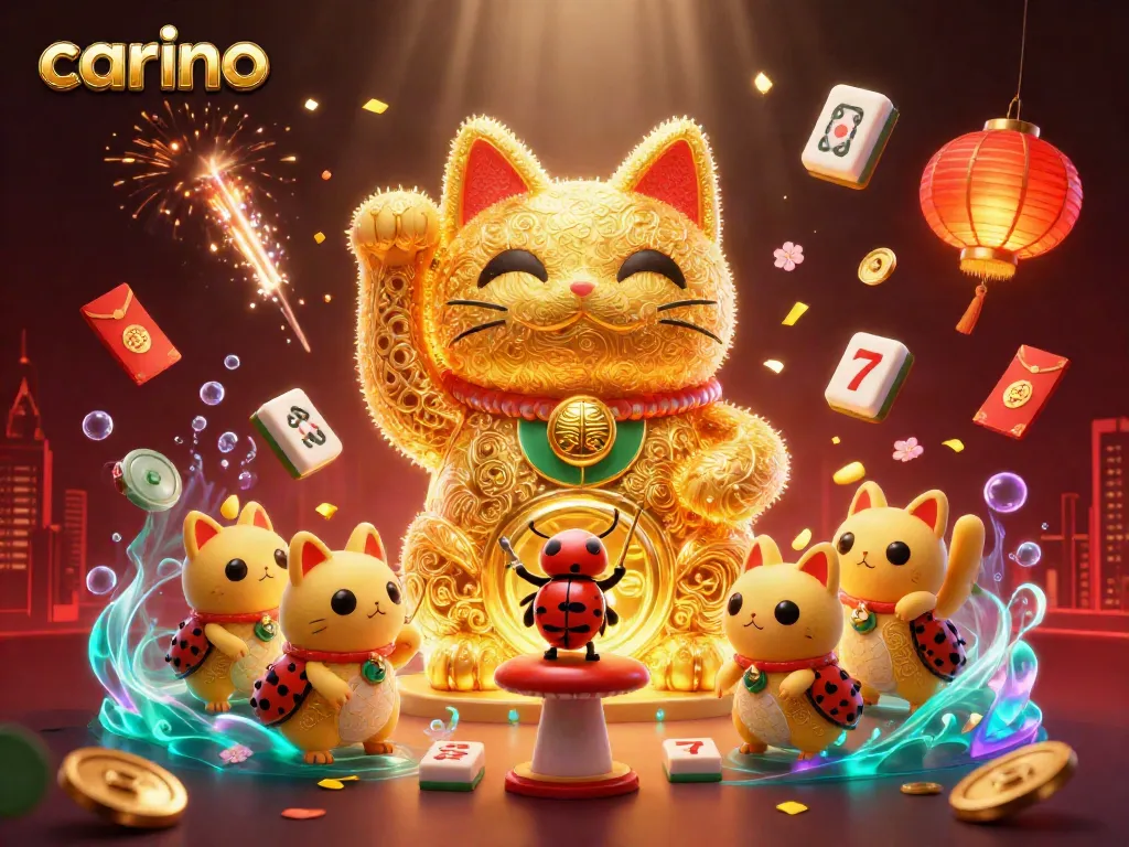 Experience winning vibes with Carino's vibrant lucky cat and casino elements.