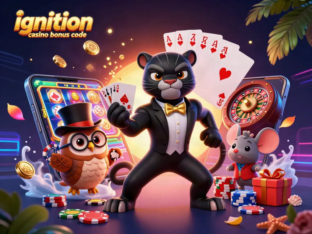Experience the excitement of the ignition casino bonus code with a stylish scene of playful characters and casino elements