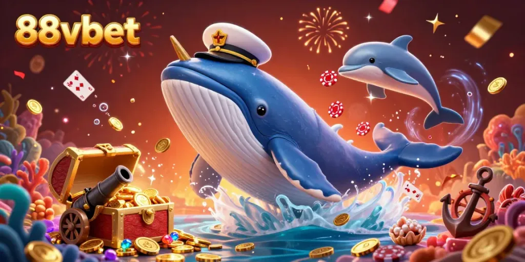 Experience the excitement at 88vbet with a vibrant underwater scene featuring engaging characters and colorful gambling elements.