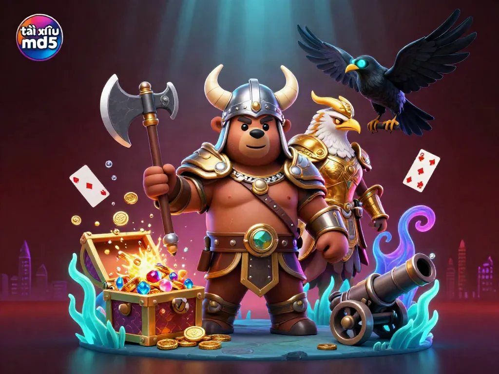 Join the excitement of tài xỉu md5 in a vibrant casino-themed 3D illustration with engaging characters and dynamic game elements.