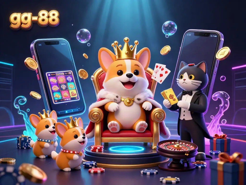 Engage with the vibrant world of gg-88 featuring royal corgi characters, a colorful slot game, and dynamic casino elements.