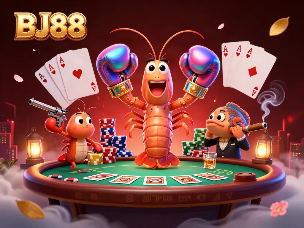 BJ88 illustration showcasing vibrant casino elements with unique shrimp characters emphasizing poker action.