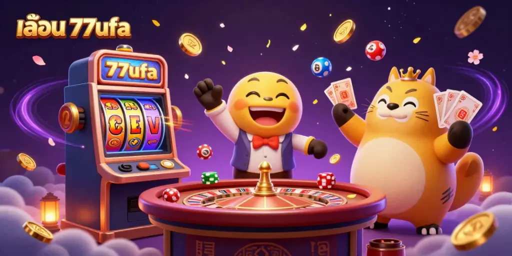 Experience the thrill of เล่น 77ufa with an energetic scene featuring lively slot machines and roulette dealers.
