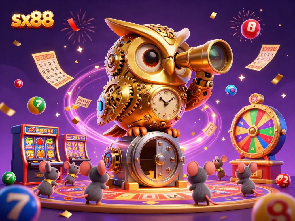 Engage with sx88's vibrant casino scene featuring a golden owl and wind-up mice amidst spinning prizes.