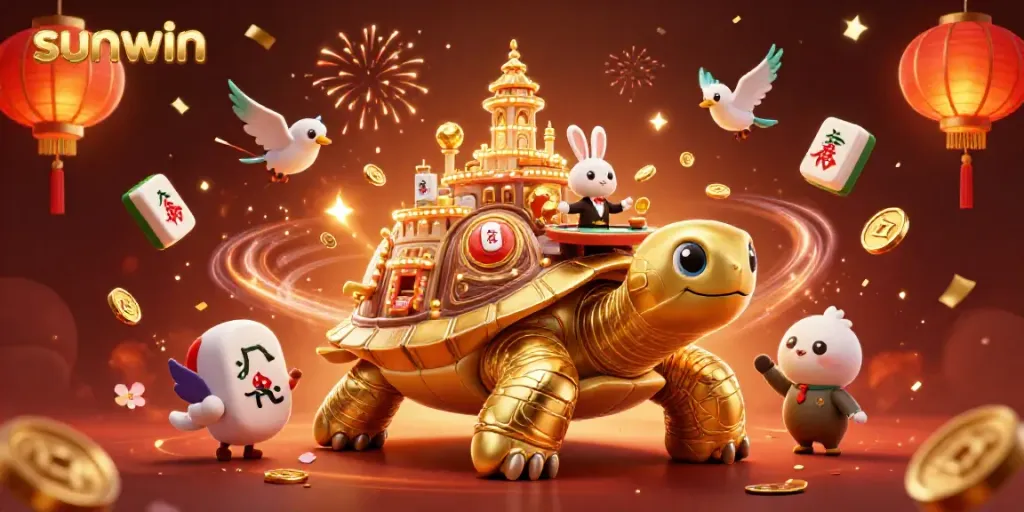 Experience thrilling games at sunwin with a grand casino and a golden tortoise at the center, enhancing your adventure.