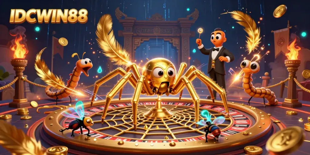 Experience thrilling gameplay with IDCWIN88, embodied by a golden spider and a centipede croupier at a roulette wheel.