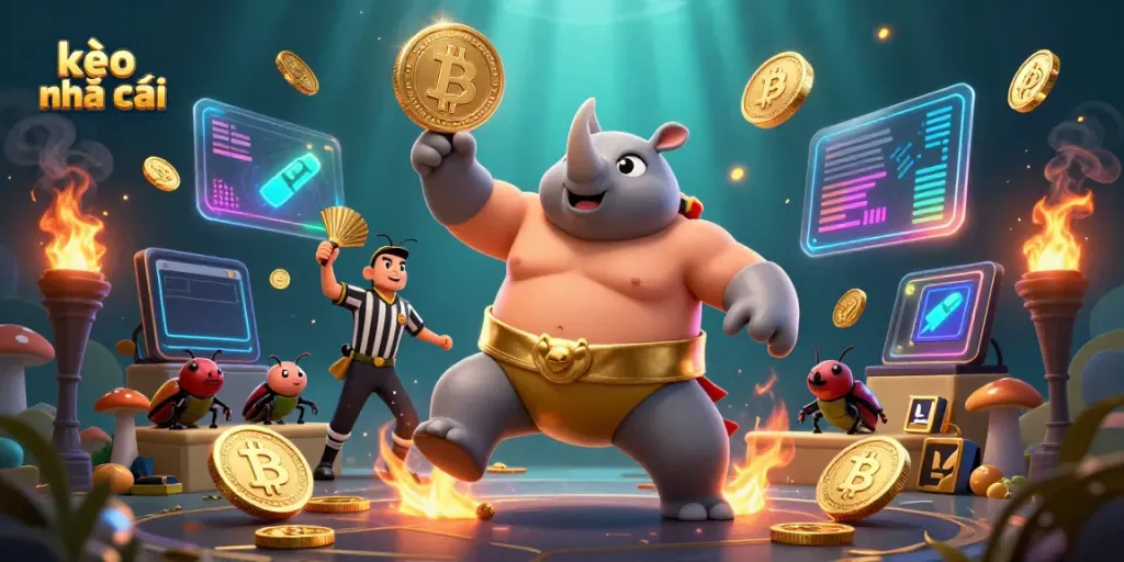Experience the thrill of kèo nhà cái with a sumo beetle champion surrounded by glowing crypto coins and vibrant dynamics.