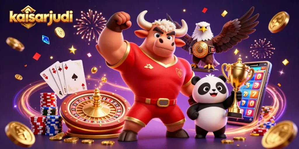 Kaisarjudi celebrates online gaming victories with dynamic casino elements and a lively mascot trio.