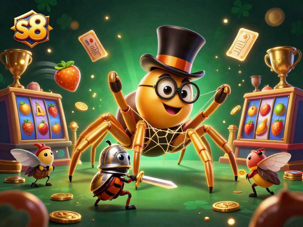 Experience thrilling slots with s8 as a golden tarantula weaves luck in a vibrant casino.