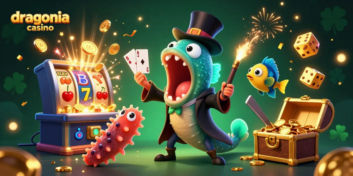 Jouer sur dragonia casino avec une scène de machines à sous et de poches de gains.