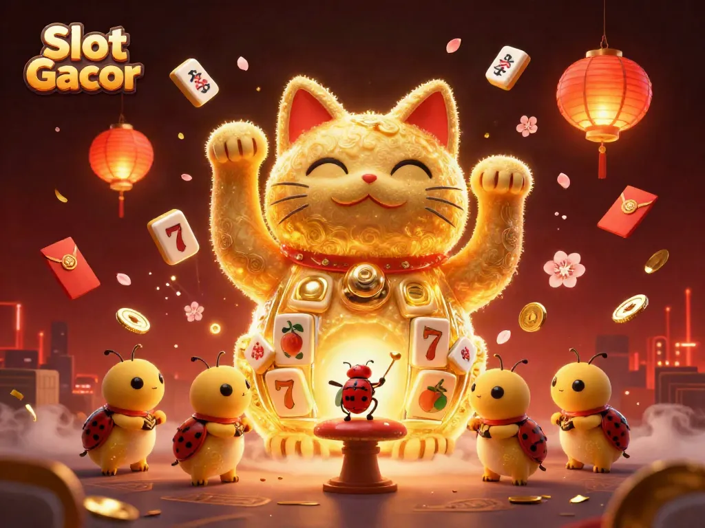 Experience the thrill of Slot Gacor with a dynamic scene featuring a giant lucky cat amidst festive casino symbols.