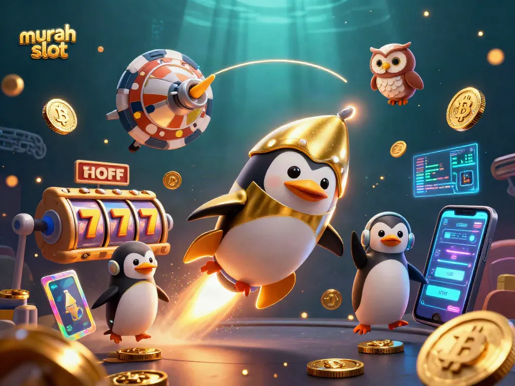 Meraih kemenangan dengan murah slot di kasino dengan gambar penguin emas menyala dan simbol jackpot.
