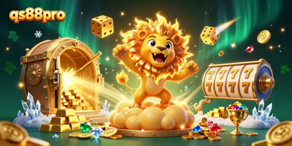 Experience the thrill with qs88pro as the sun lion emerges from a vault of treasure surrounded by dynamic gaming elements.