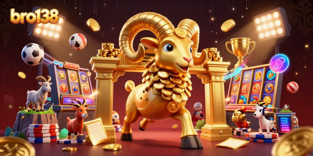 Experience gaming excitement with bro138's golden ram charging through a vibrant casino scene.
