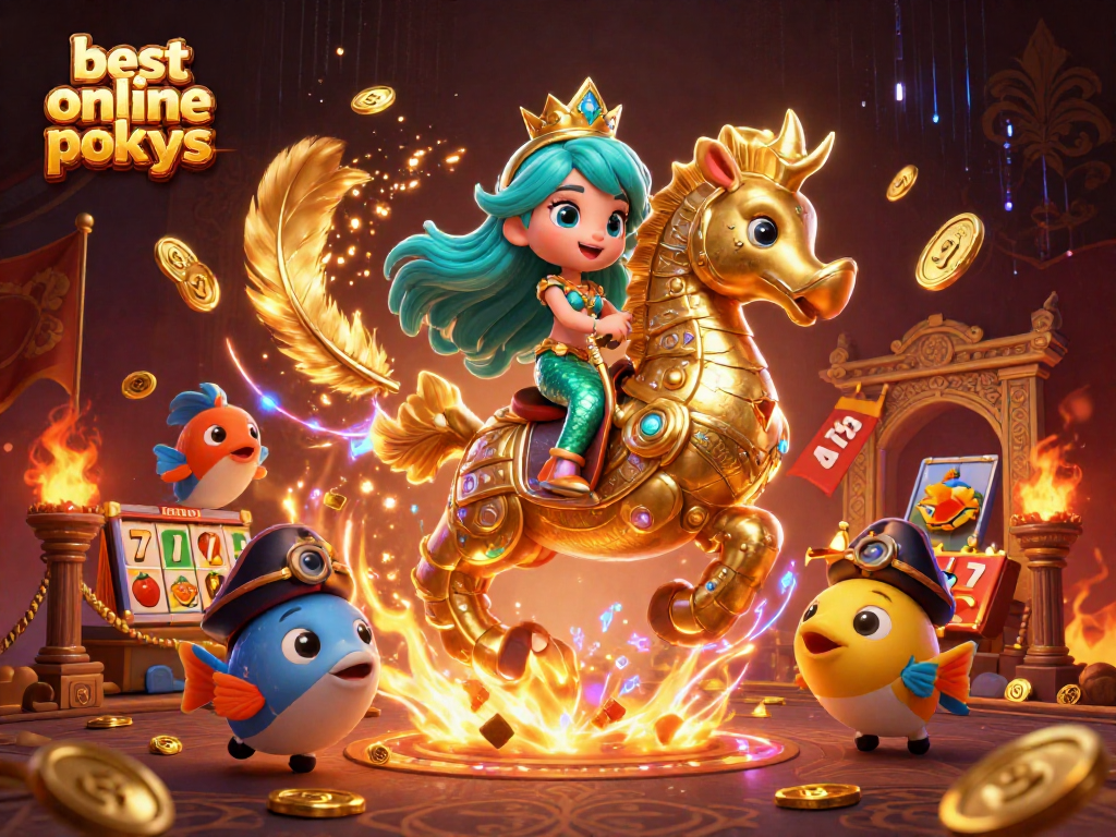 Play the best online pokies with a vibrant 3D illustration of a mermaid princess and her seahorse companion.