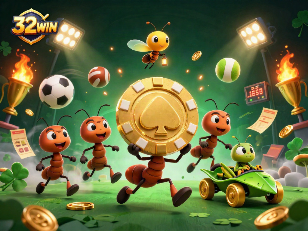 Experience winning action with 32WIN as ants heist a giant poker chip in a vibrant casino scene.