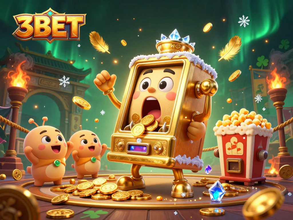 3BET slot machines celebrate a jackpot win with golden coins pouring, showcasing vibrant casino excitement.