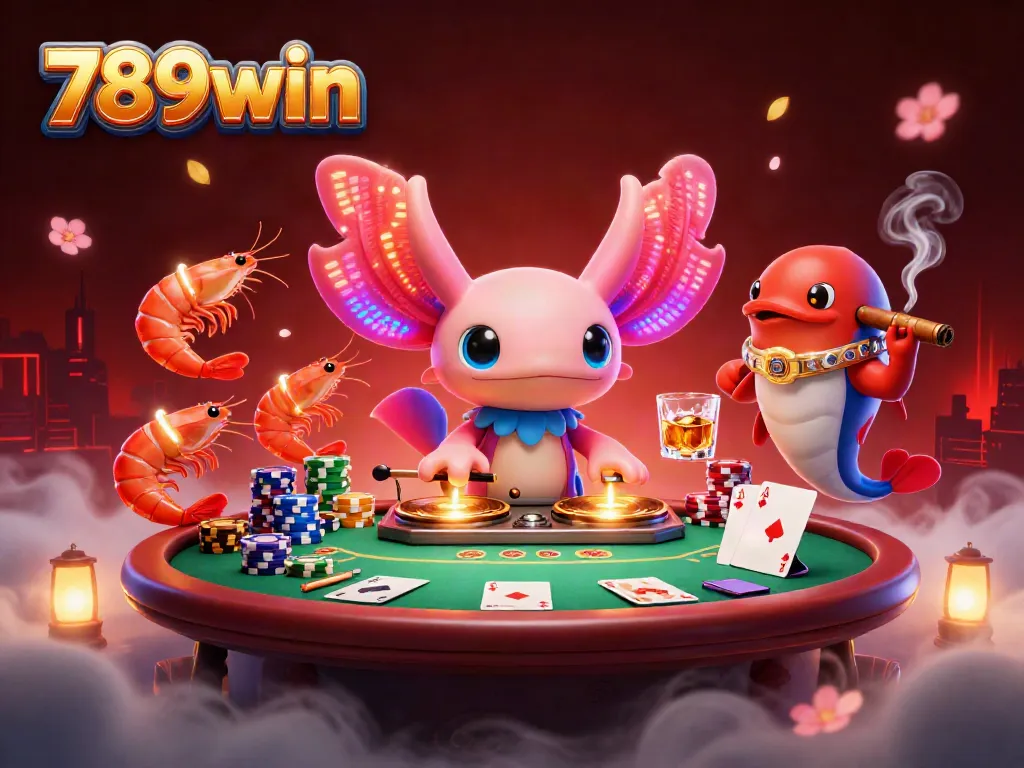 Experience the vibrant world of 789win with an energetic axolotl DJ and lively underwater casino scene.
