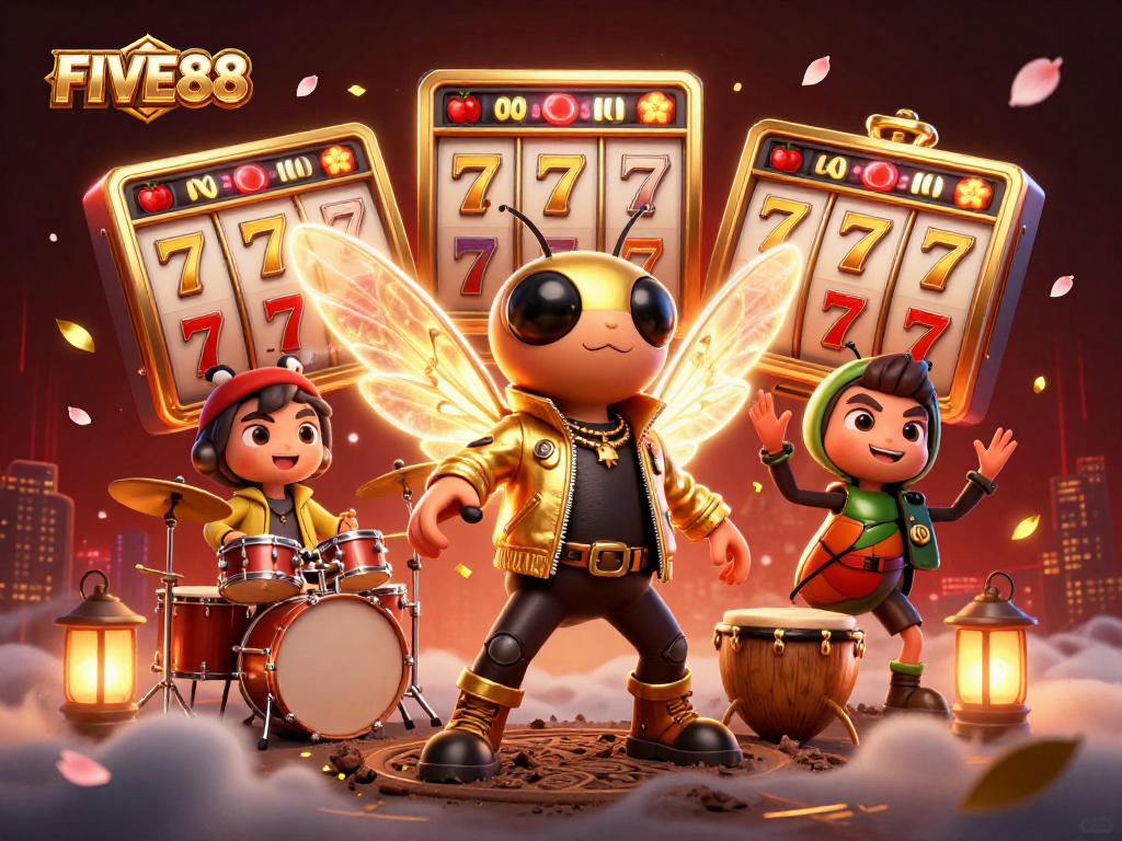 Experience thrilling excitement at FIVE88 with vibrant slot reels and engaging characters.