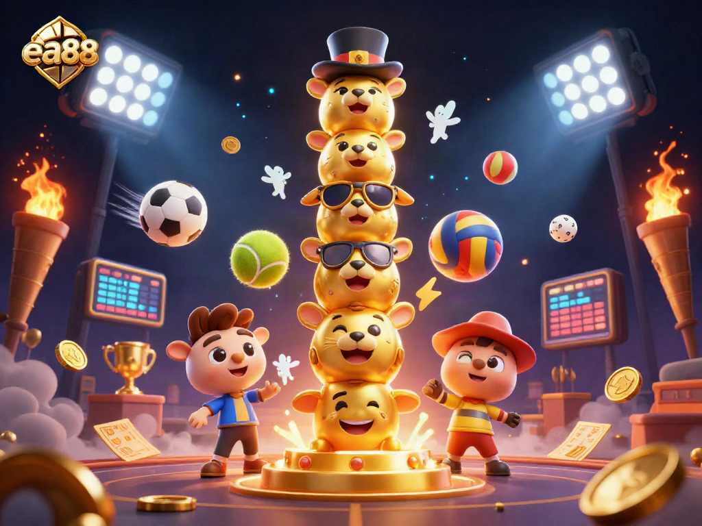Bet on ea88 with vibrant 3D illustration showcasing sports elements and a golden totem for a winning experience