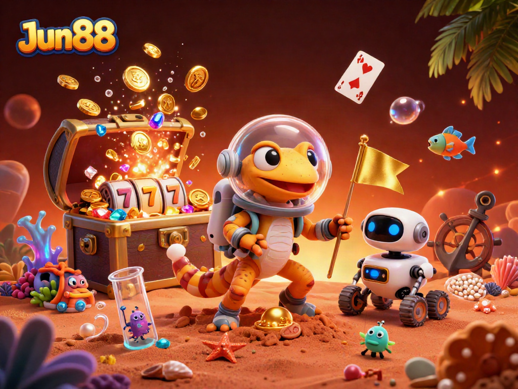 Engage with Jun88's thrilling casino adventure with a Martian gecko and treasure elements.