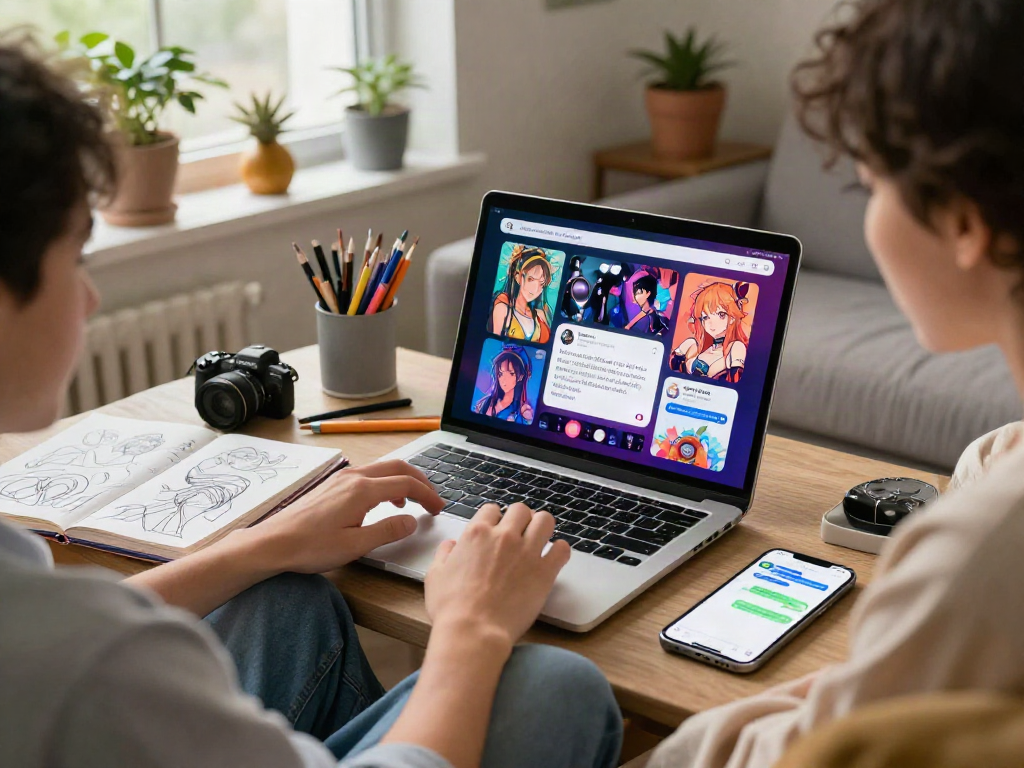 Creative individual using hentai ai chat on laptop, vibrant artwork in cozy home setting.
