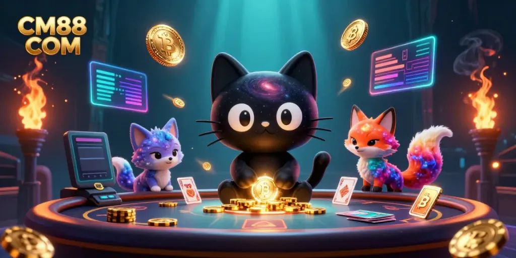 Engage with the cosmic allure of CM88 COM at a galactic casino table, featuring colorful characters and gaming elements.