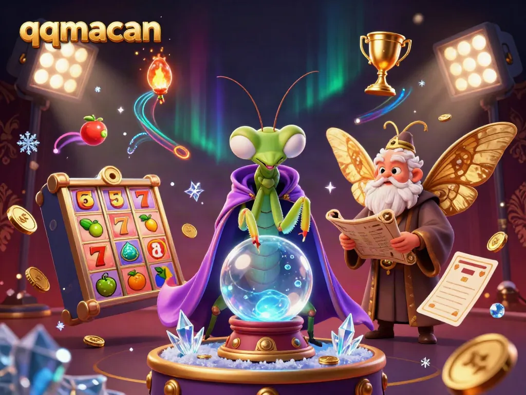 Engage with qqmacan's vibrant 3D casino scene featuring a fortune teller and mystical elements.