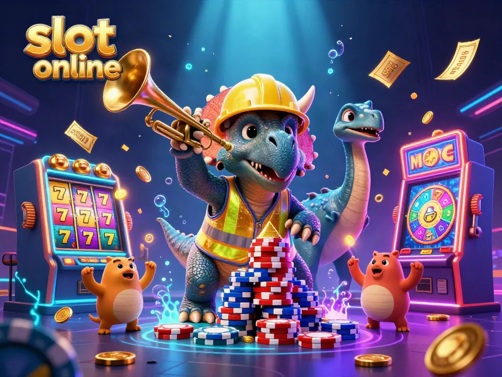 Experience the excitement of slot online with colorful reels and dynamic characters in celebration.