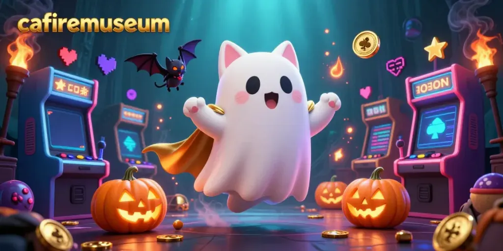 Enjoy thrilling gaming with the cafiremuseum featuring a ghost cat, vibrant casino elements, and glowing jackpots.