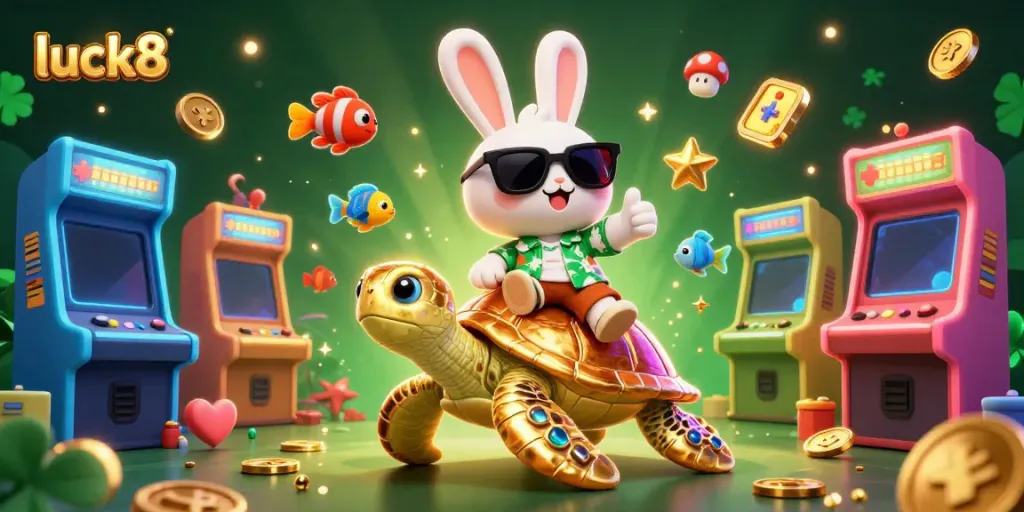 Experience the thrill of luck8 with a cartoon rabbit celebrating success at a vibrant casino scene.