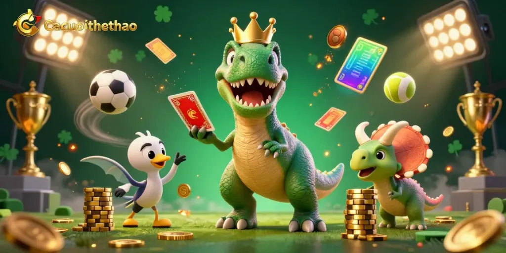Experience Cacuocthethao sports betting with a dynamic scene featuring friendly dinosaur characters and vibrant gaming elements.