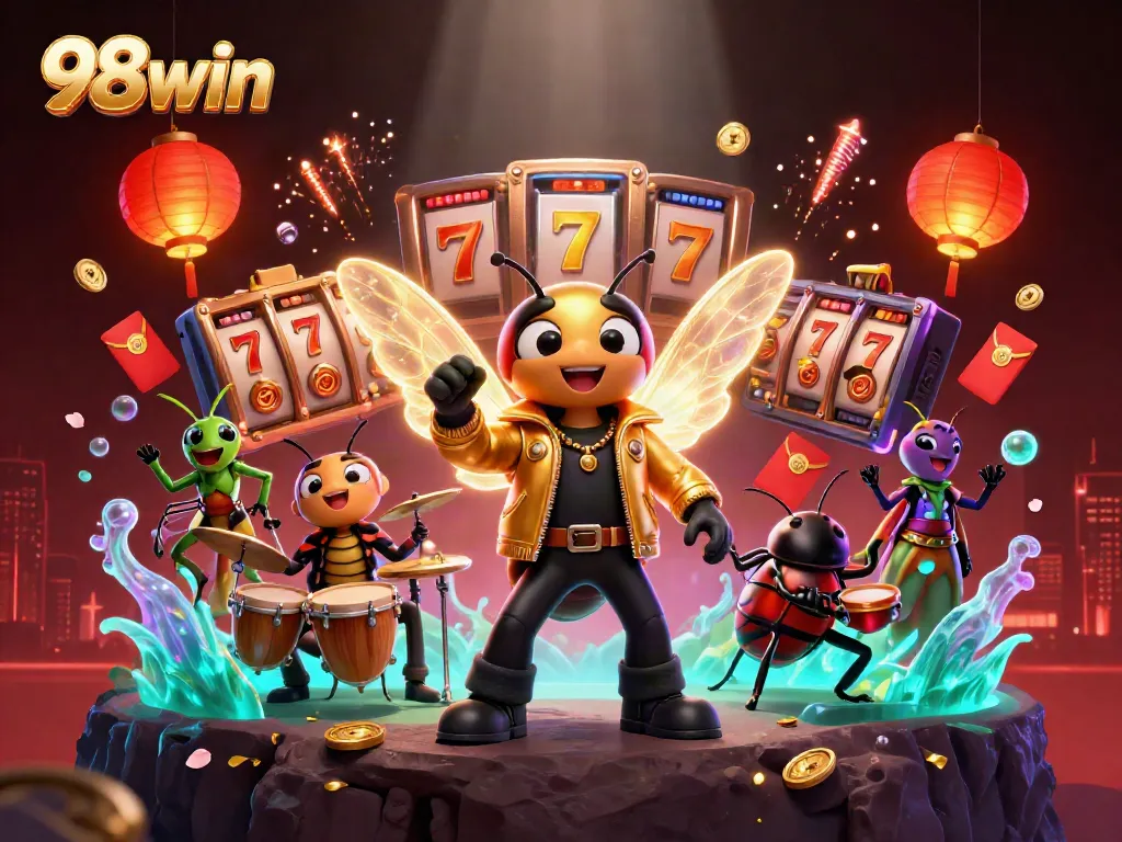 Experience the vibrant world of 98win with dynamic casino elements and lively characters.
