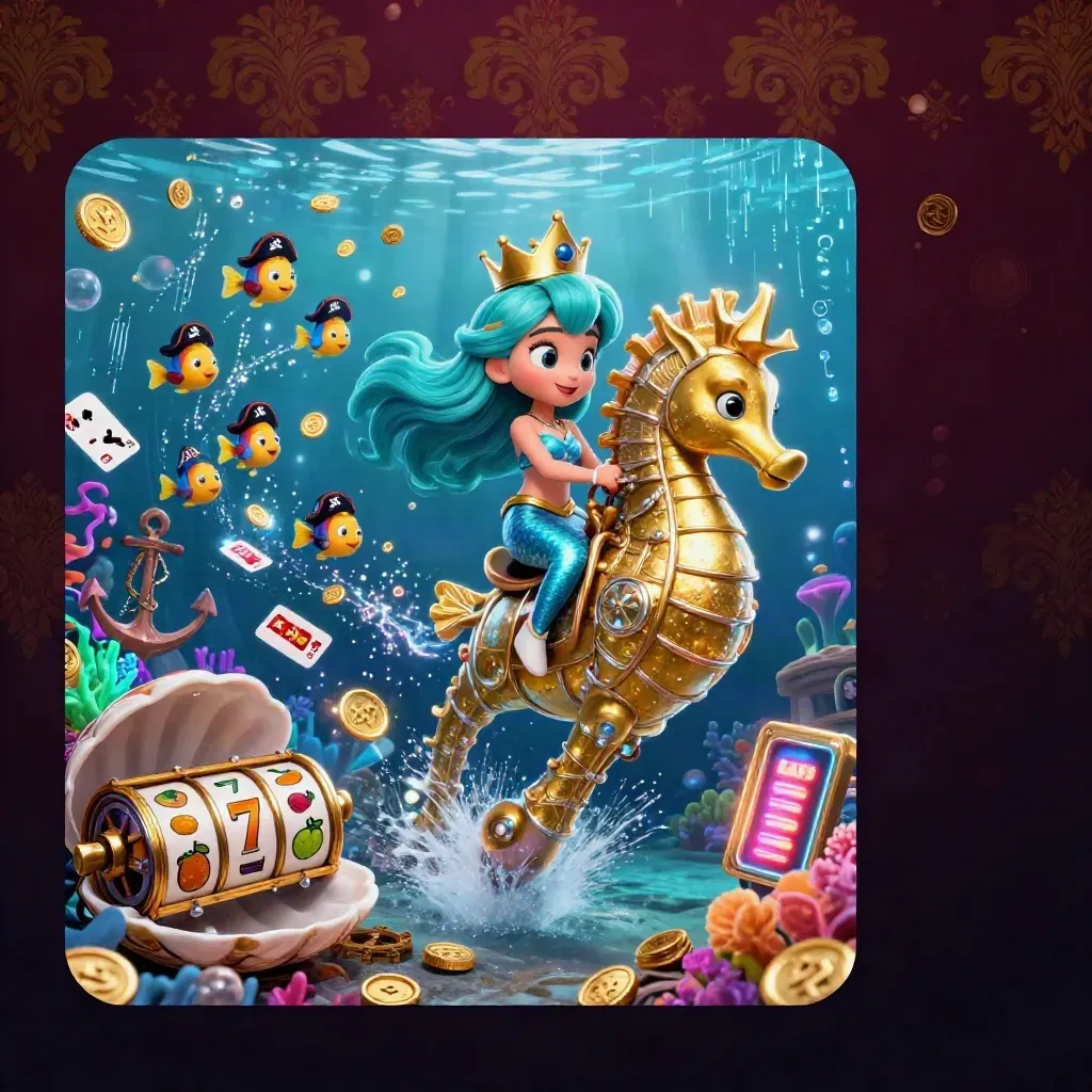 Mermaid princess on golden seahorse with fish, coins, coral, cards, and glowing casino relics