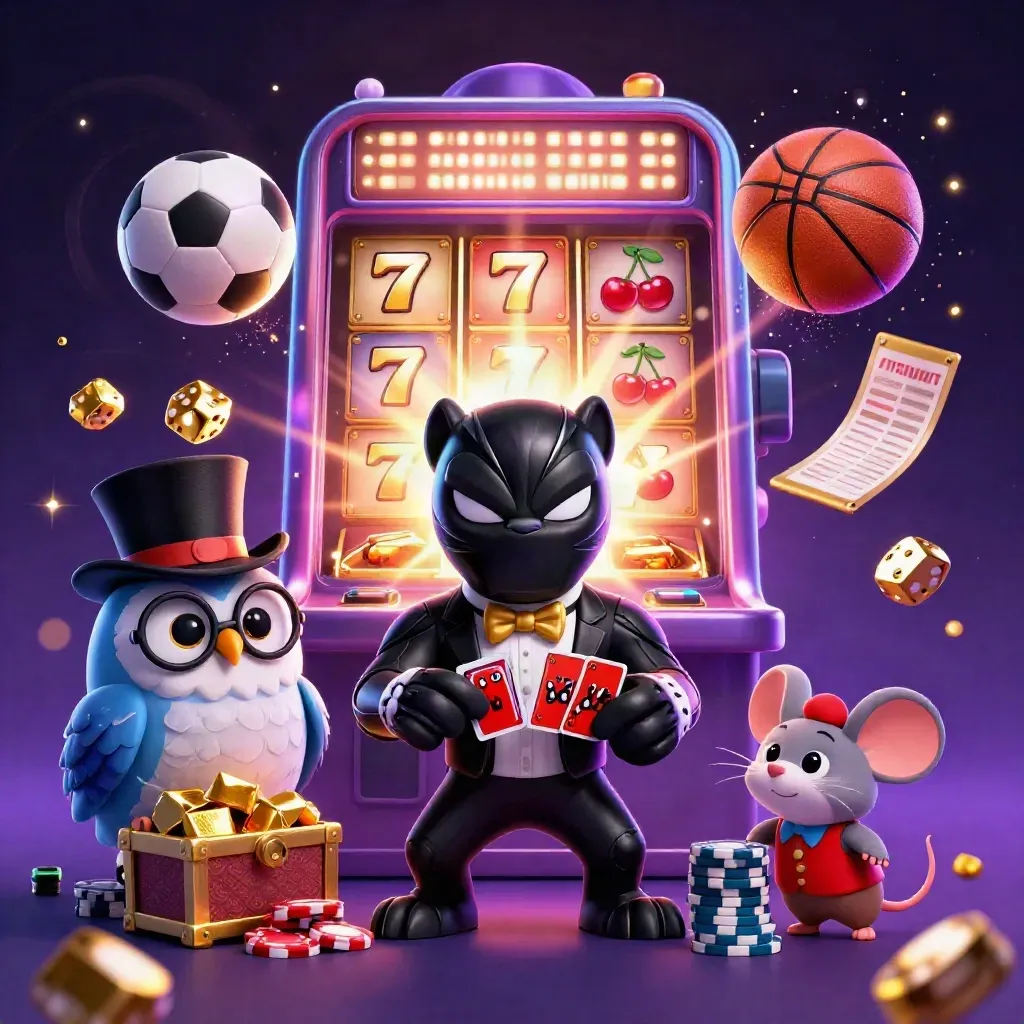 Panther, owl, and mouse amid exploding slot gold, sports balls, and purple cosmic light.