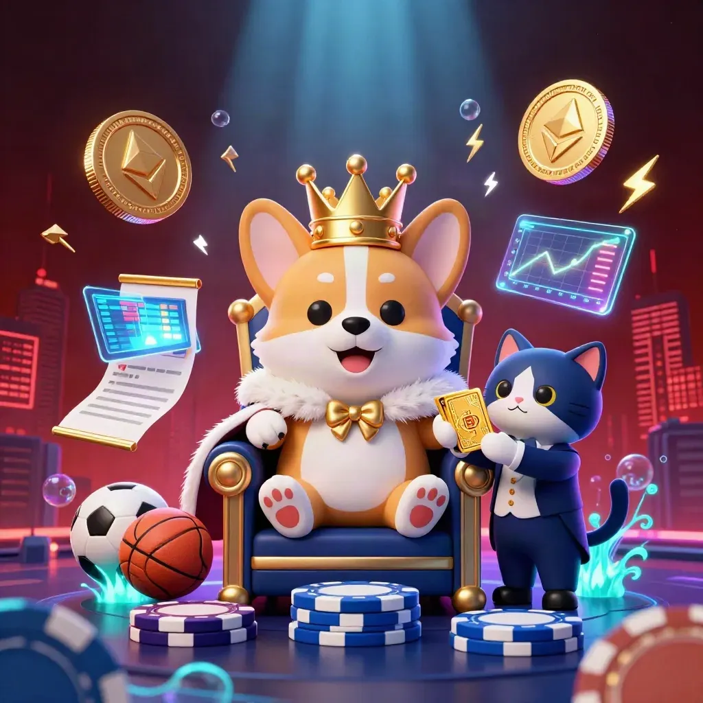 Royal corgi and cat butler with crypto coins, soccer ball, and basketball in icy casino glow.
