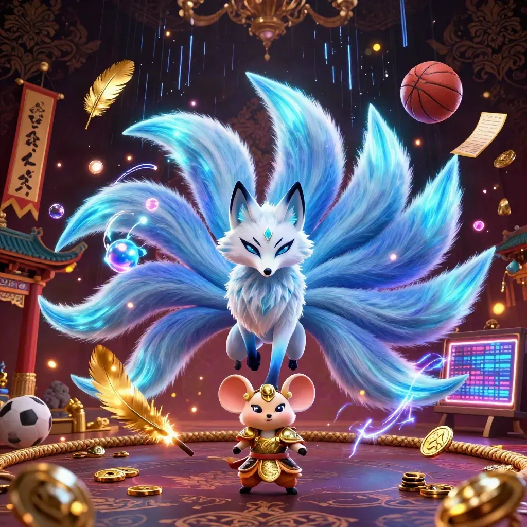 Nine-tailed fox spirit and armored mouse amid sports balls, gold coins, and neon casino magic